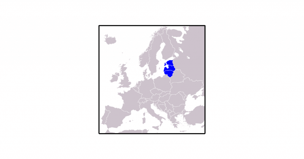 Europakarta med samtliga baltiska länder i blått.